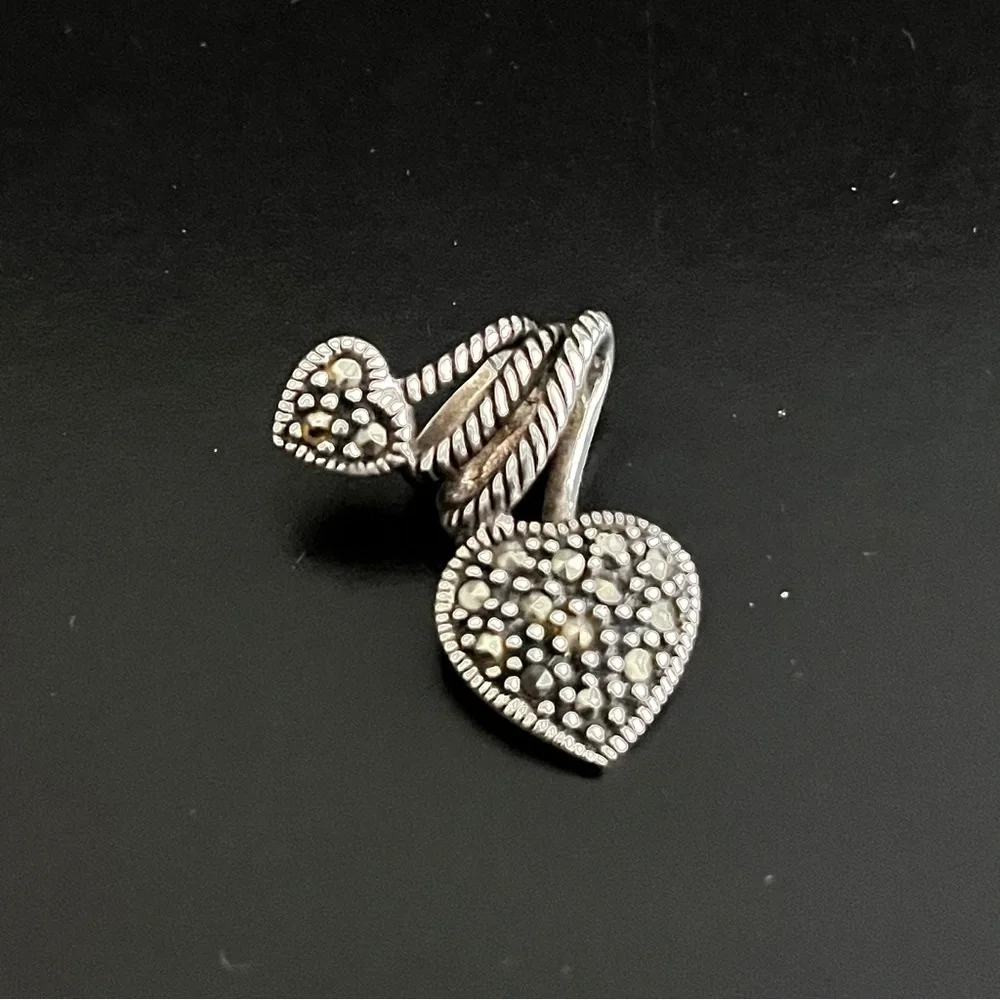 925 Sterling Silver and Marcasite Double Heart Rope Necklace Charm Pendant